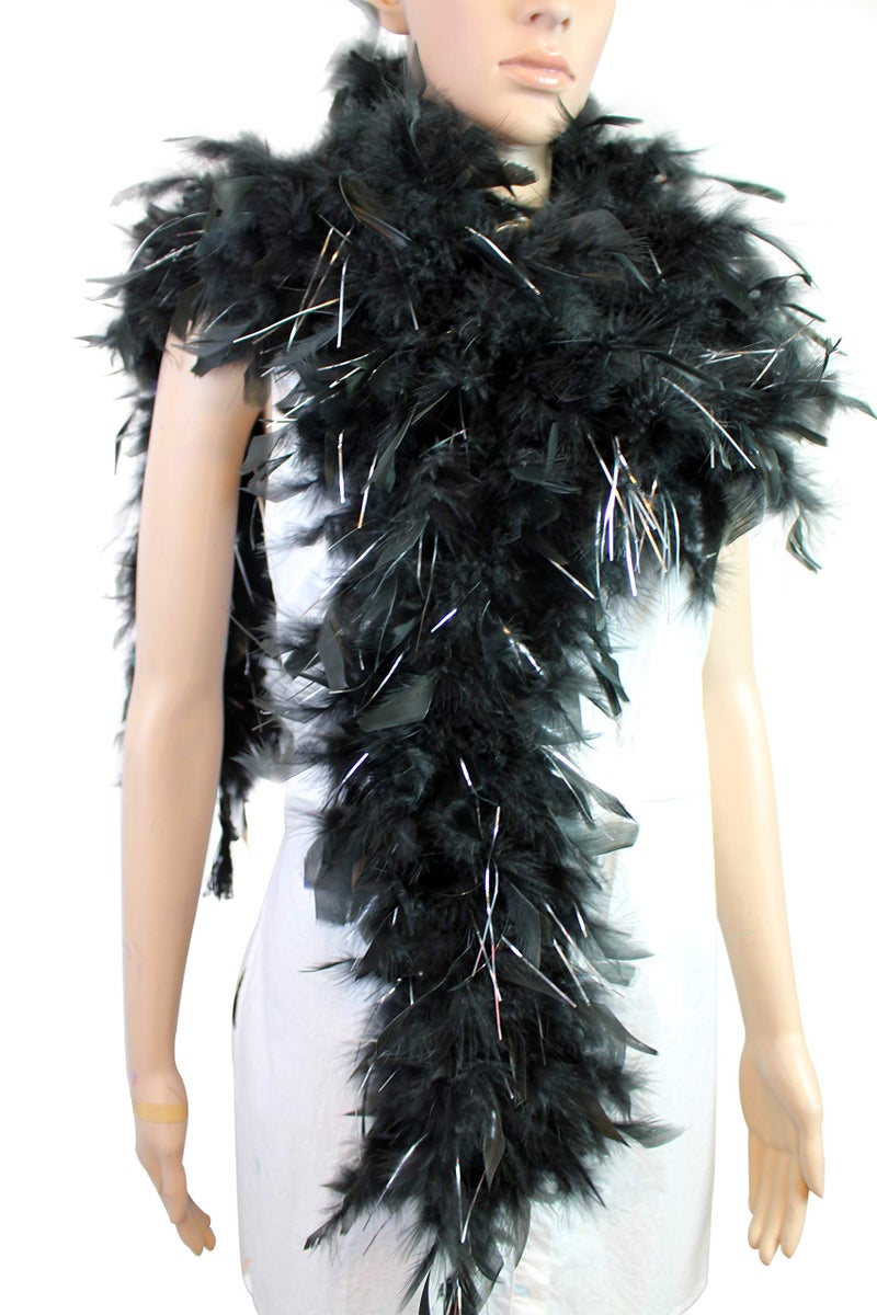 Flydreamfeathers 80 Gram, 2 yards Long Turkey Chandelle Feather Boa 10 Color, Great for Party, Wedding, Halloween Costume, Christmas Tree Decoration (Black w/Silver Tinsel) - Image 1